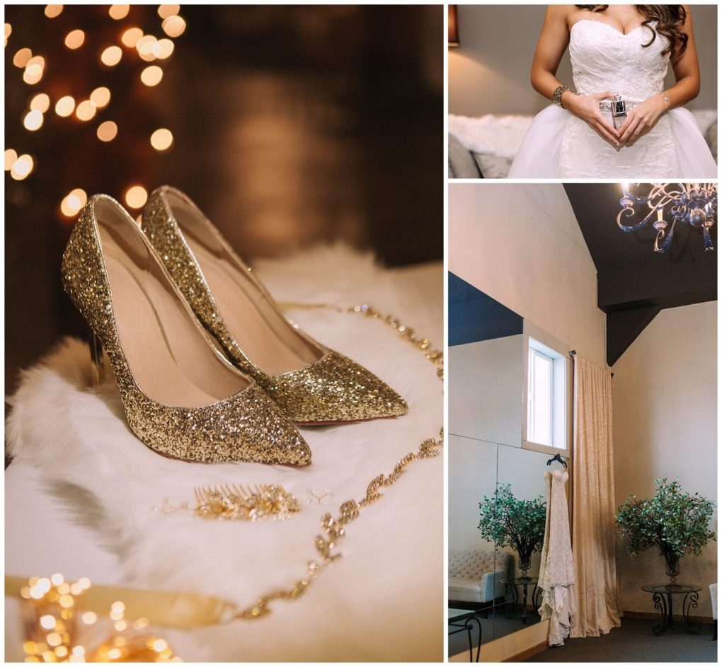 Premier snohomish & seattle wedding photographer | gsquared weddings photography a collage featuring sparkly gold high heels with jewelry a bride in a white strapless gown holding a heart shaped locket and a wedding dress hanging in an elegant snohomish bridal suite for a seattle wedding engagement | serving snohomish seattle                   & beyond