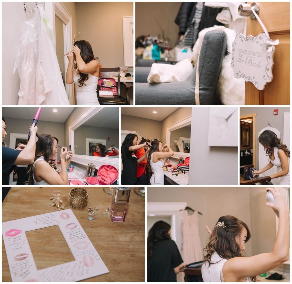 Premier snohomish & seattle wedding photographer | gsquared weddings photography a bride gets ready in a snohomish dressing room styling her hair and applying makeup with help from others The scene includes a bride sign makeup products wedding dress and a card with handwritten messages | serving snohomish seattle                   & beyond