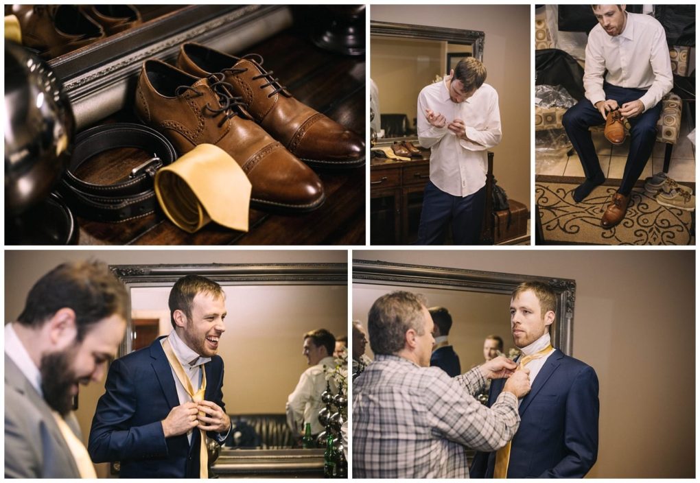 Premier snohomish & seattle wedding photographer | gsquared weddings photography a collage capturing a snohomish groom getting ready for his seattle wedding close up of brown shoes yellow tie and belt buttoning his shirt putting on shoes helping with his tie laughing as he adjusts suit and tie | serving snohomish seattle                   & beyond