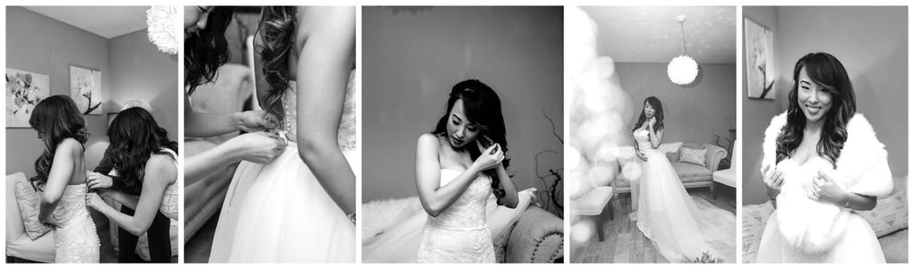 Premier snohomish & seattle wedding photographer | gsquared weddings photography a series of black and white photos showing a bride getting ready for her snohomish wedding she is helped into her dress adjusts her strap smiles and poses in a bridal gown in a softly lit room | serving snohomish seattle                   & beyond