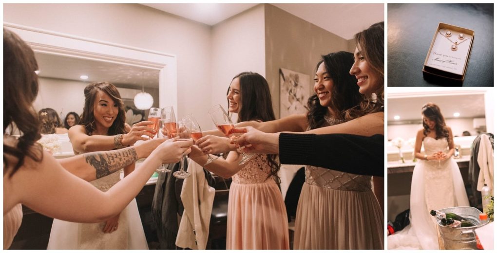 Premier snohomish & seattle wedding photographer | gsquared weddings photography a bride and her bridesmaids in dresses toast with glasses of rosé in a warmly lit room at a snohomish seattle wedding Inset close up of wedding earrings in a box and the bride standing alone smiling and looking down | serving snohomish seattle                   & beyond