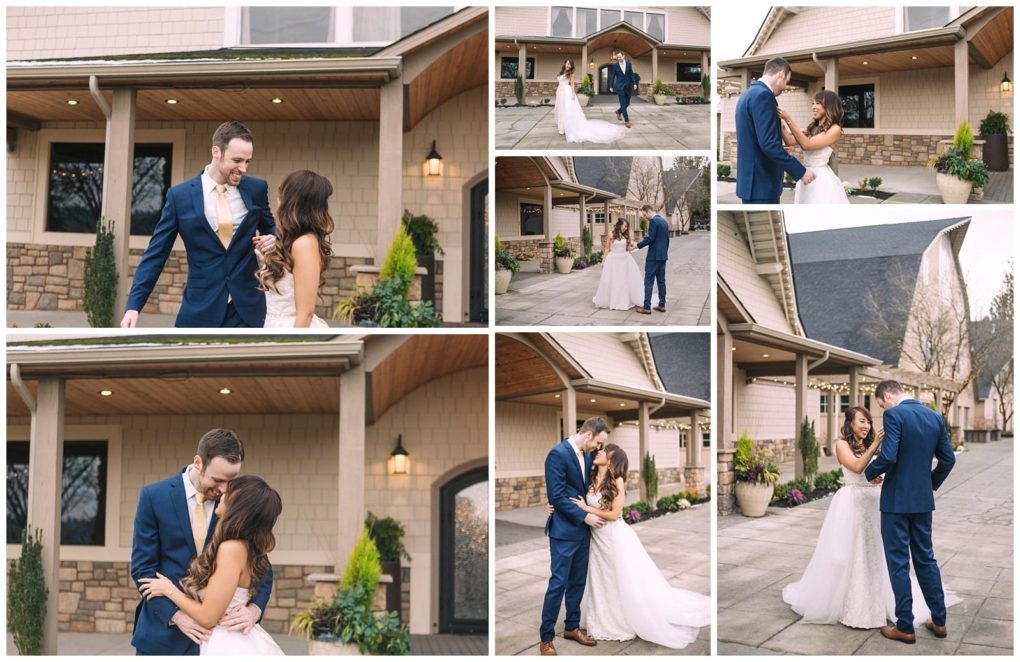 Premier snohomish & seattle wedding photographer | gsquared weddings photography a collage of six photos shows a snohomish bride and grooms first look outside a building They smile embrace hold hands and laugh together in their wedding attire on a paved patio with lush plants | serving snohomish seattle                   & beyond
