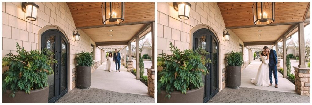 Premier snohomish & seattle wedding photographer | gsquared weddings photography two side by side photos show a bride and groom embracing under a covered walkway outside a building with tan siding in snohomish surrounded by lush greenery and soft lightingcapturing their beautiful seattle wedding | serving snohomish seattle                   & beyond
