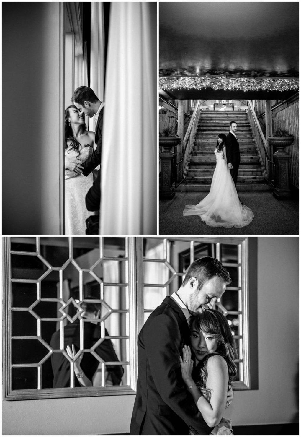 Premier snohomish & seattle wedding photographer | gsquared weddings photography a collage of three black and white snohomish wedding photos shows a bride and groom embracing by a window standing on grand stairs and holding each other tenderly beside a decorative mirrored wall | serving snohomish seattle                   & beyond