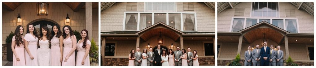 Premier snohomish & seattle wedding photographer | gsquared weddings photography a collage of three snohomish outdoor wedding photos bridesmaids in pink dresses the wedding party in gray and pink and groomsmen in blue and gray suits standing before a building with a peaked roof and large windows | serving snohomish seattle                   & beyond