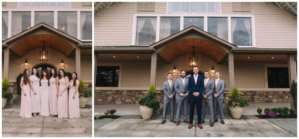 Premier snohomish & seattle wedding photographer | gsquared weddings photography side by side photos on the left six women in light pink or white dresses stand outside a building on the right six men in suits one in navy others in gray pose for formal pictures at a snohomish seattle wedding | serving snohomish seattle                   & beyond