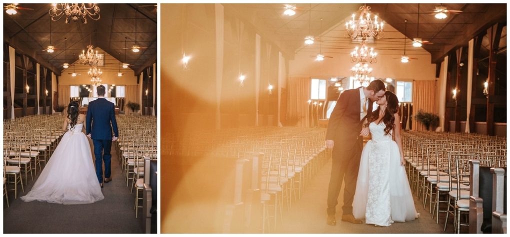 Premier snohomish & seattle wedding photographer | gsquared weddings photography a bride and groom walk down an elegant chandelier lit aisle in another view they share a kiss among rows of empty gold chairs in a grand snohomish seattle wedding venue | serving snohomish seattle                   & beyond