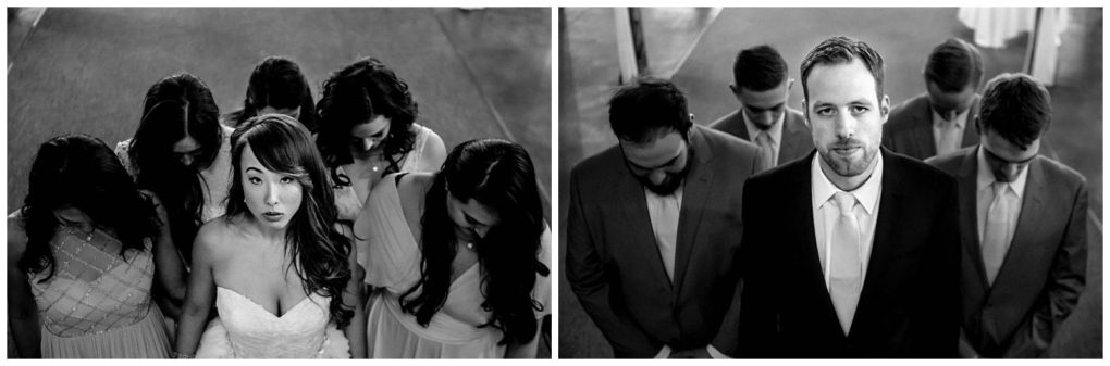 Premier snohomish & seattle wedding photographer | gsquared weddings photography black and white split image left a bride looks up while bridesmaids stand around her with heads bowed Right a groom looks at the camera as groomsmen beside him stand with heads bowed at this snohomish seattle wedding | serving snohomish seattle                   & beyond