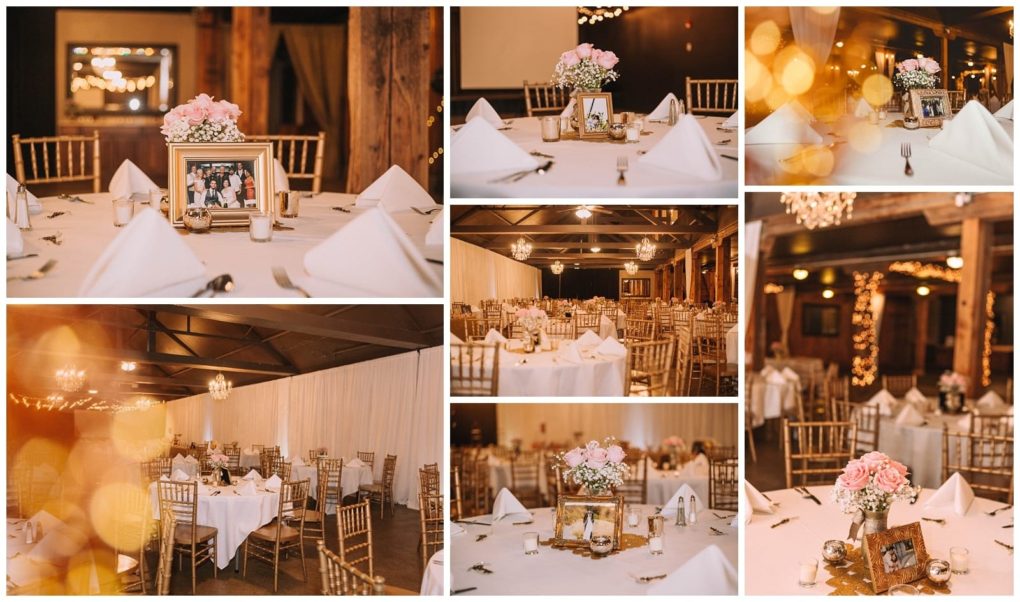 Premier snohomish & seattle wedding photographer | gsquared weddings photography collage of snohomish wedding reception scenes featuring decorated tables with white tablecloths folded napkins gold chairs pink floral centerpieces framed photos and warm ambient lighting in a rustic indoor venue near seattle | serving snohomish seattle                   & beyond