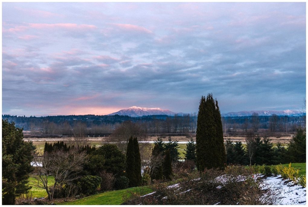 Premier snohomish & seattle wedding photographer | gsquared weddings photography a scenic landscape near snohomish with tall trees and green fields in the foreground patches of snow and distant mountains under a cloudy skyperfect for a seattle wedding engagement at sunset with soft pink and blue hues | serving snohomish seattle                   & beyond