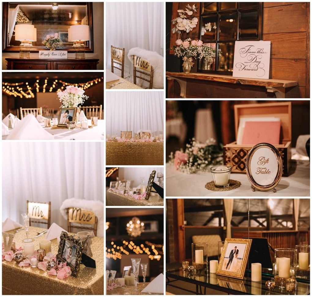 Premier snohomish & seattle wedding photographer | gsquared weddings photography collage of elegant snohomish seattle wedding reception decor gold and white details candles framed engagement photos of the couple mr & mrs signs floral centerpieces and a gift table sign for a warm romantic atmosphere | serving snohomish seattle                   & beyond