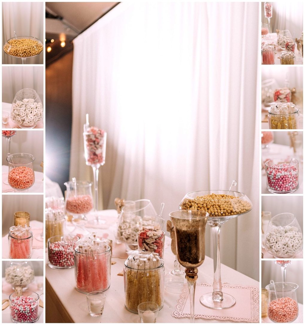 Premier snohomish & seattle wedding photographer | gsquared weddings photography a candy buffet table with jars and glasses filled with assorted pink white and gold candies and snacks set against a white curtainperfect for a snohomish seattle wedding or engagementwith close up shots of each treat along the sides | serving snohomish seattle                   & beyond