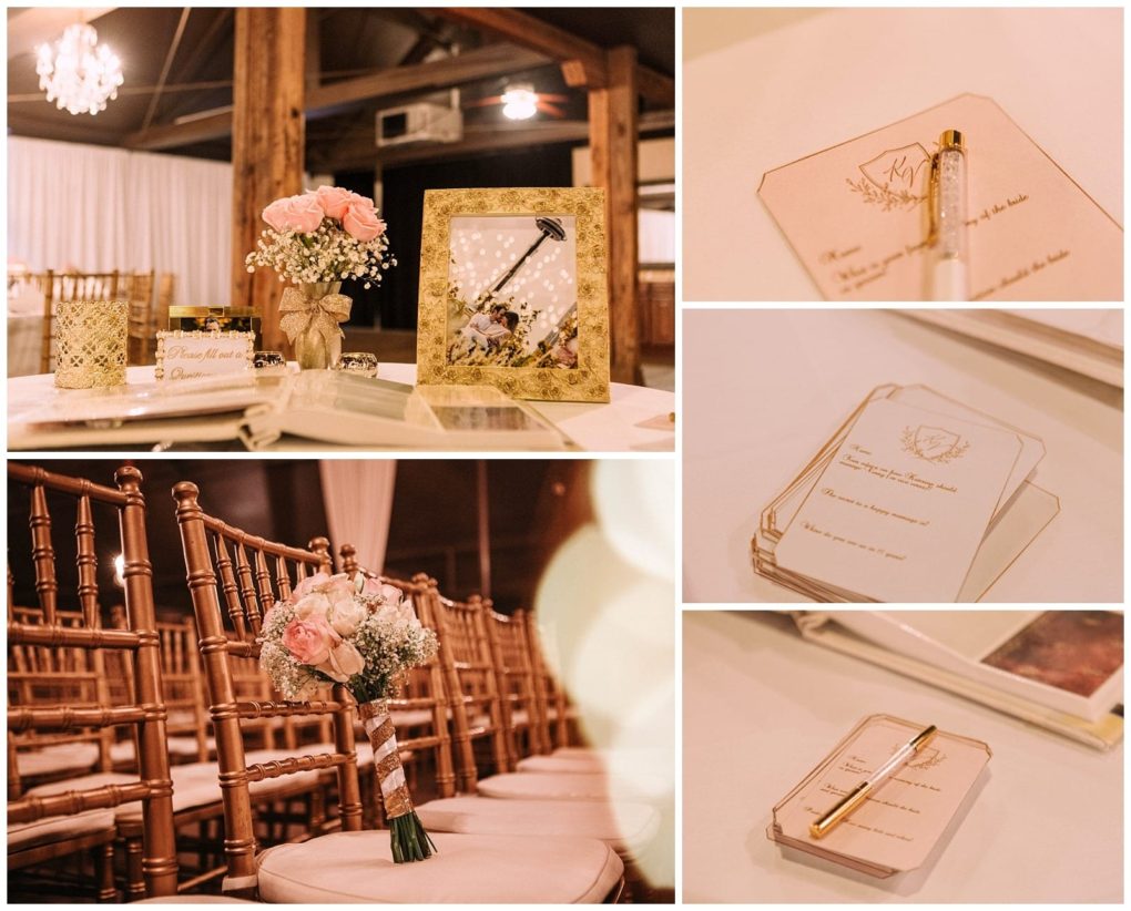 Premier snohomish & seattle wedding photographer | gsquared weddings photography collage of snohomish wedding decor floral centerpieces a gold pen and cards for guests to write messages a bouquet of pink and white roses on a chair and a framed piece with a hammer on a table Warm lighting throughout | serving snohomish seattle                   & beyond