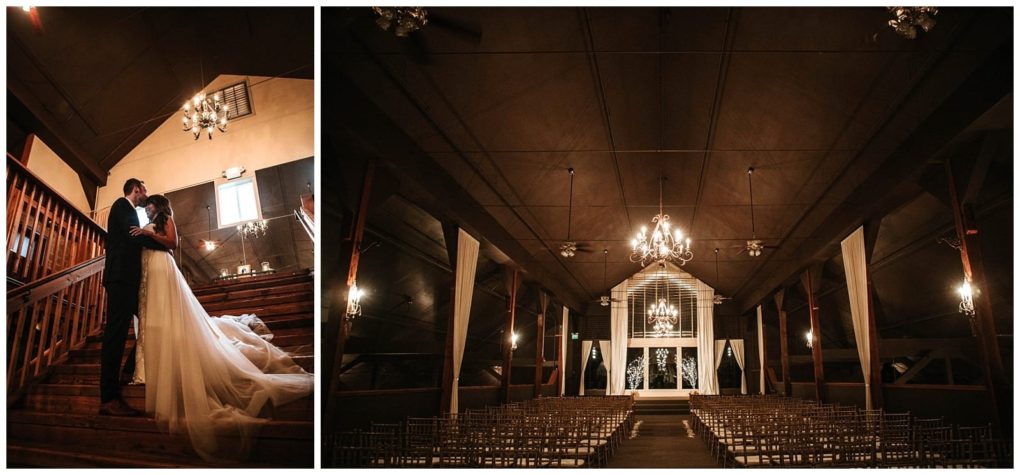 Premier snohomish & seattle wedding photographer | gsquared weddings photography a bride and groom embrace on a wooden staircase at their snohomish seattle wedding while the adjacent image shows an elegant empty ceremony hall with chandeliers rows of chairs and a decorated altar at the front | serving snohomish seattle                   & beyond