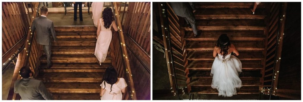 Premier snohomish & seattle wedding photographer | gsquared weddings photography two photos from a snohomish wedding people walk up wide wooden stairs adorned with string lights the left image shows several from behind while the right captures a woman in a white dress from aboveperfect seattle engagement inspiration | serving snohomish seattle                   & beyond