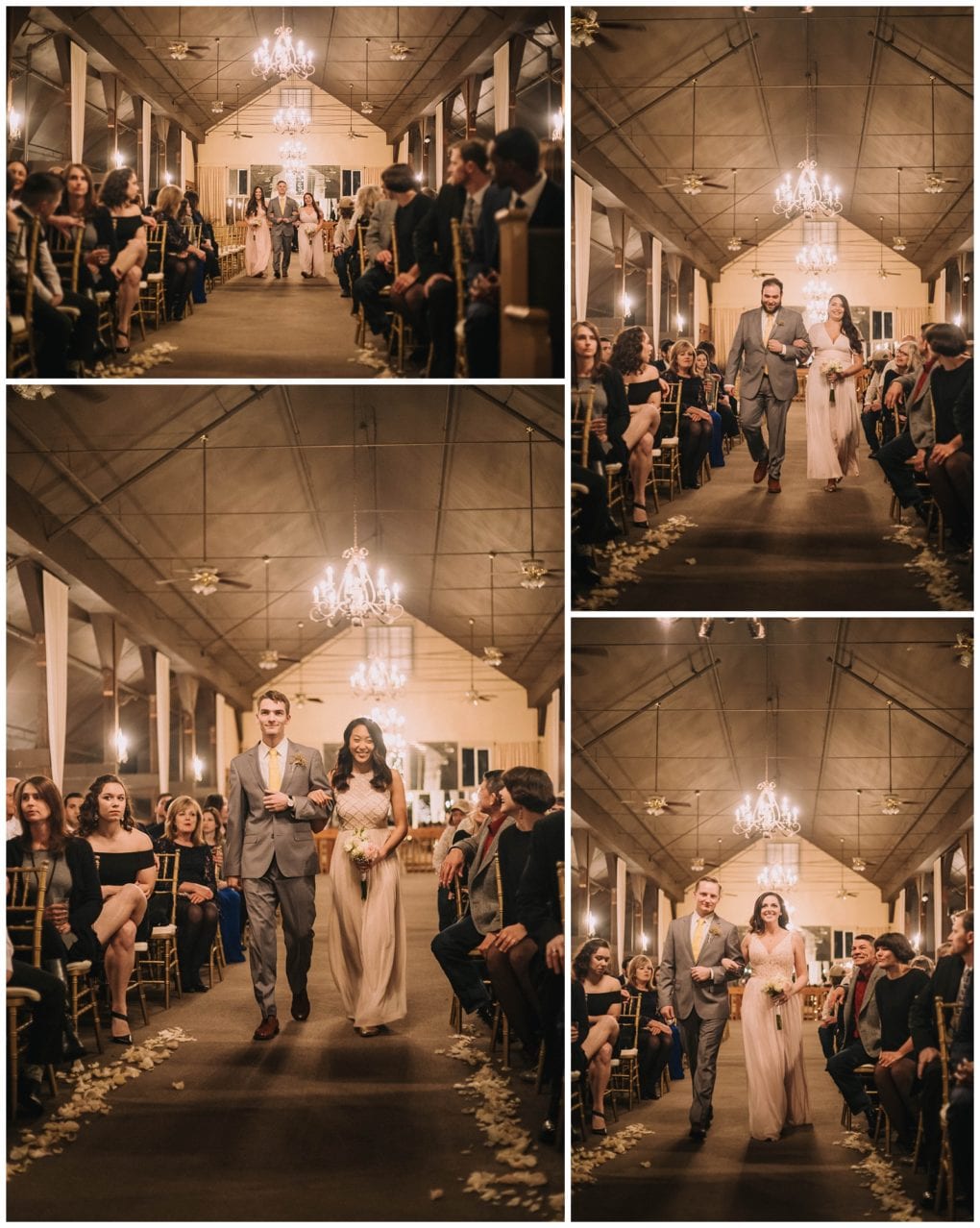 Premier snohomish & seattle wedding photographer | gsquared weddings photography bridesmaids and groomsmen walk down an aisle lined with rose petals inside a warmly lit snohomish wedding venue Guests watch the elegant procession as chandeliers sparkle above creating an enchanting seattle engagement atmosphere | serving snohomish seattle                   & beyond