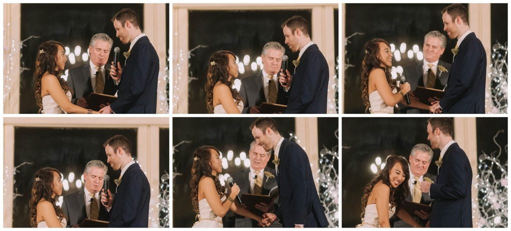 Premier snohomish & seattle wedding photographer | gsquared weddings photography a collage of six snohomish wedding ceremony photos shows a bride and groom exchanging vows holding hands smiling and sharing a kiss with an officiant standing behind them | serving snohomish seattle                   & beyond