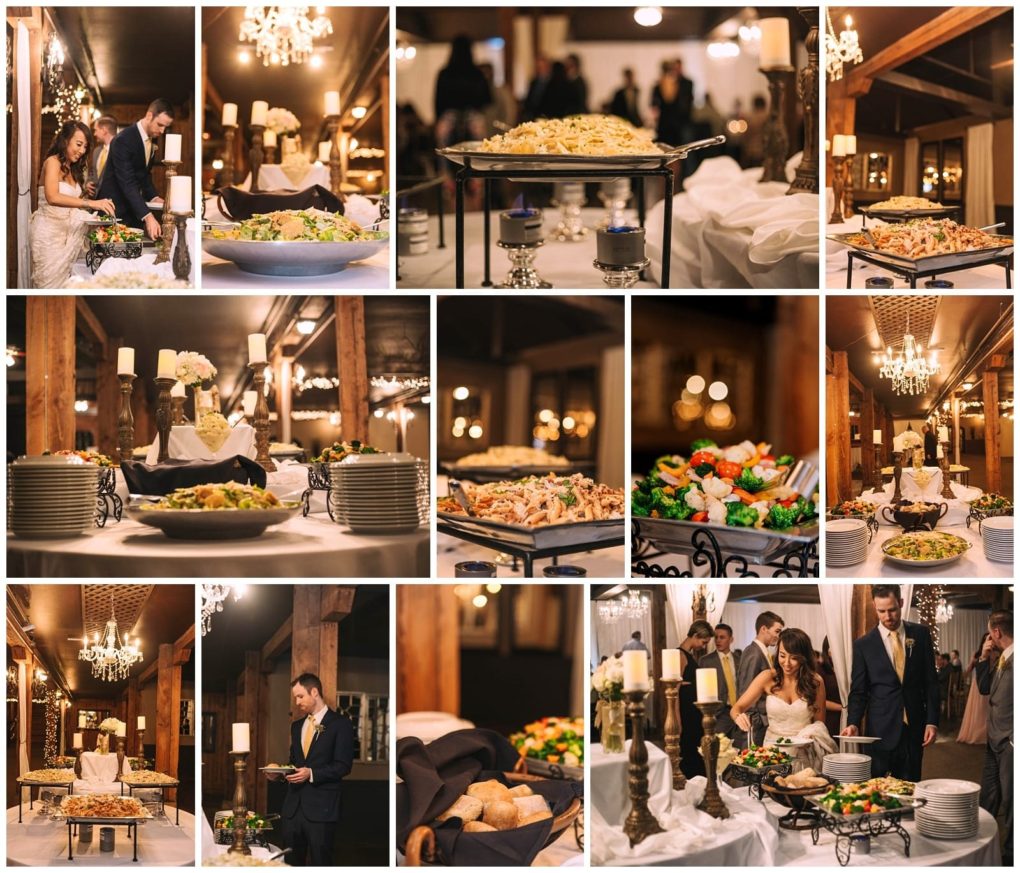 Premier snohomish & seattle wedding photographer | gsquared weddings photography a collage of elegant snohomish wedding buffet photos showing a bride and groom guests assorted salads bread hot platters candles and table decorations in a warmly lit rustic venue near seattle | serving snohomish seattle                   & beyond