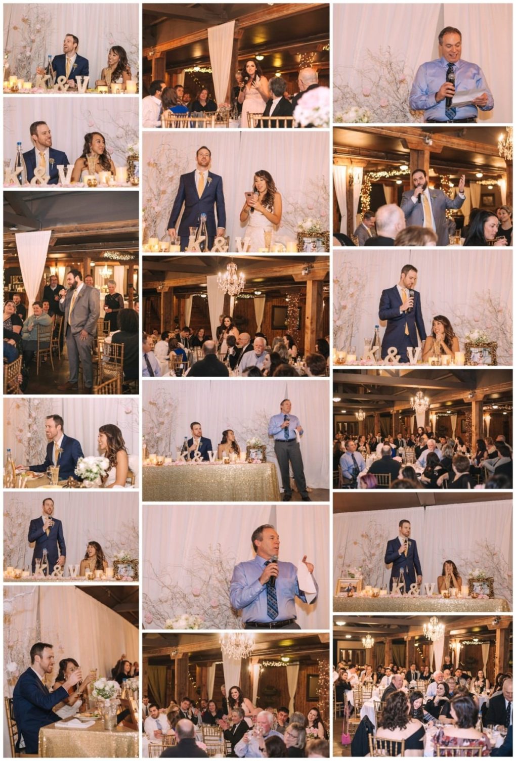 Premier snohomish & seattle wedding photographer | gsquared weddings photography a collage of snohomish wedding reception photos shows speeches toasts and guests seated at decorated tables in a warmly lit venue with white floral arrangements and elegant drapery | serving snohomish seattle                   & beyond