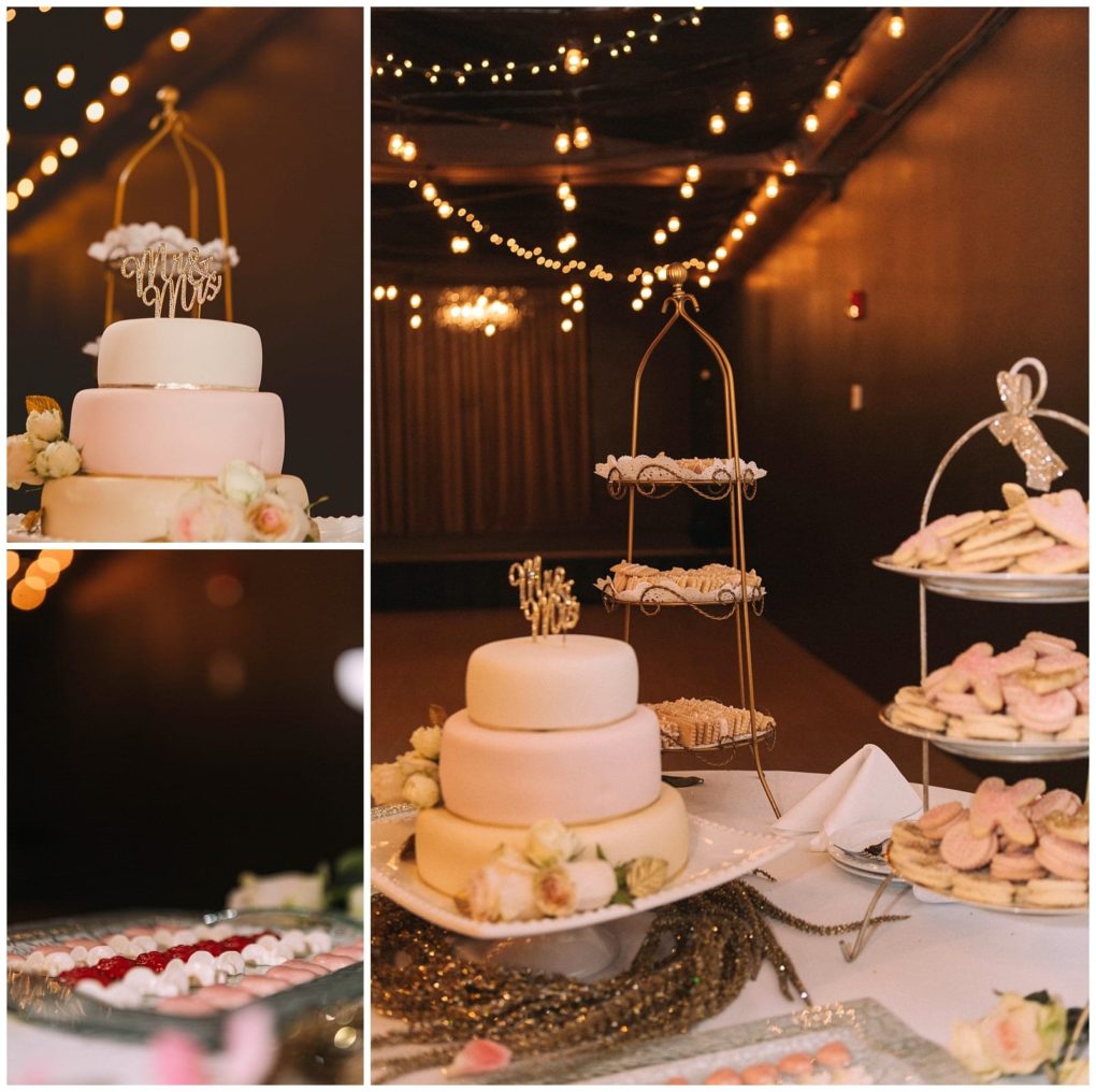 Premier snohomish & seattle wedding photographer | gsquared weddings photography a snohomish wedding dessert table with a tiered white cake topped mr & mrs surrounded by cookies pastries and roses Warm string lights hang above creating a cozy elegant ambiance perfect for any seattle engagement celebration | serving snohomish seattle                   & beyond