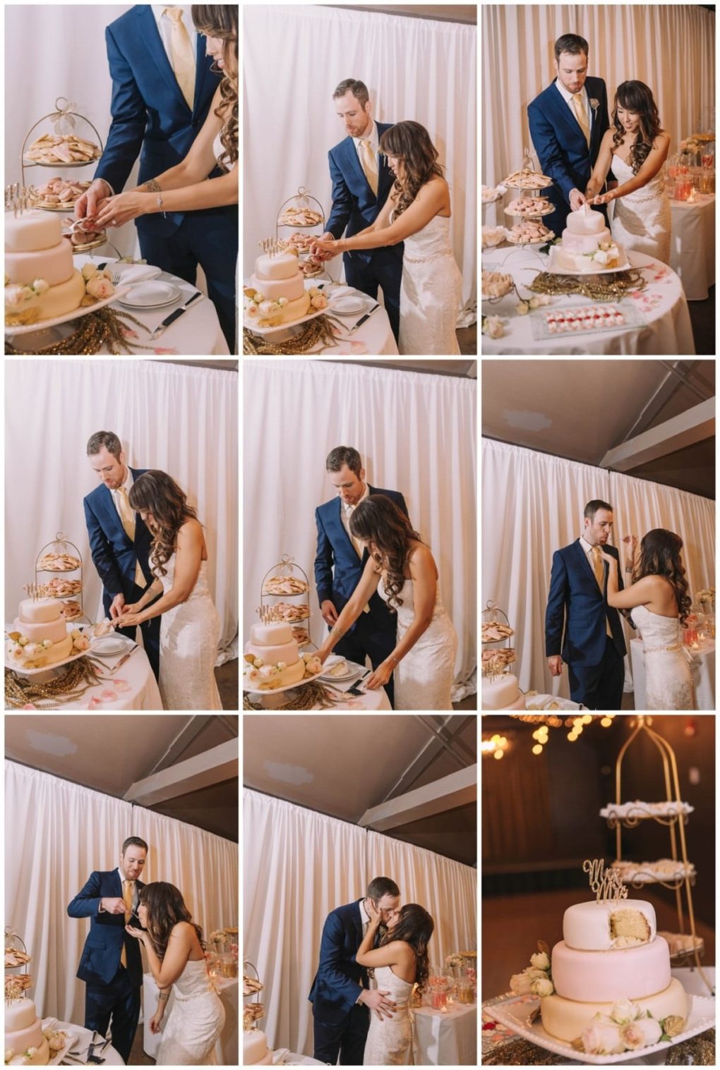 Premier snohomish & seattle wedding photographer | gsquared weddings photography a bride and groom dressed formally cut and share a white wedding cake together feeding each other and smiling at their snohomish seattle wedding reception decorated with flowers and desserts | serving snohomish seattle                   & beyond