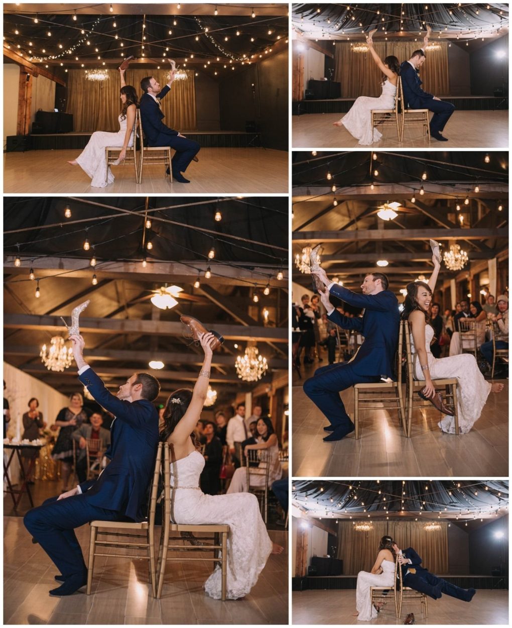 Premier snohomish & seattle wedding photographer | gsquared weddings photography a bride and groom sit back to back on chairs playing the shoe game at their snohomish wedding reception under string lights while guests from seattle look on and laugh | serving snohomish seattle                   & beyond