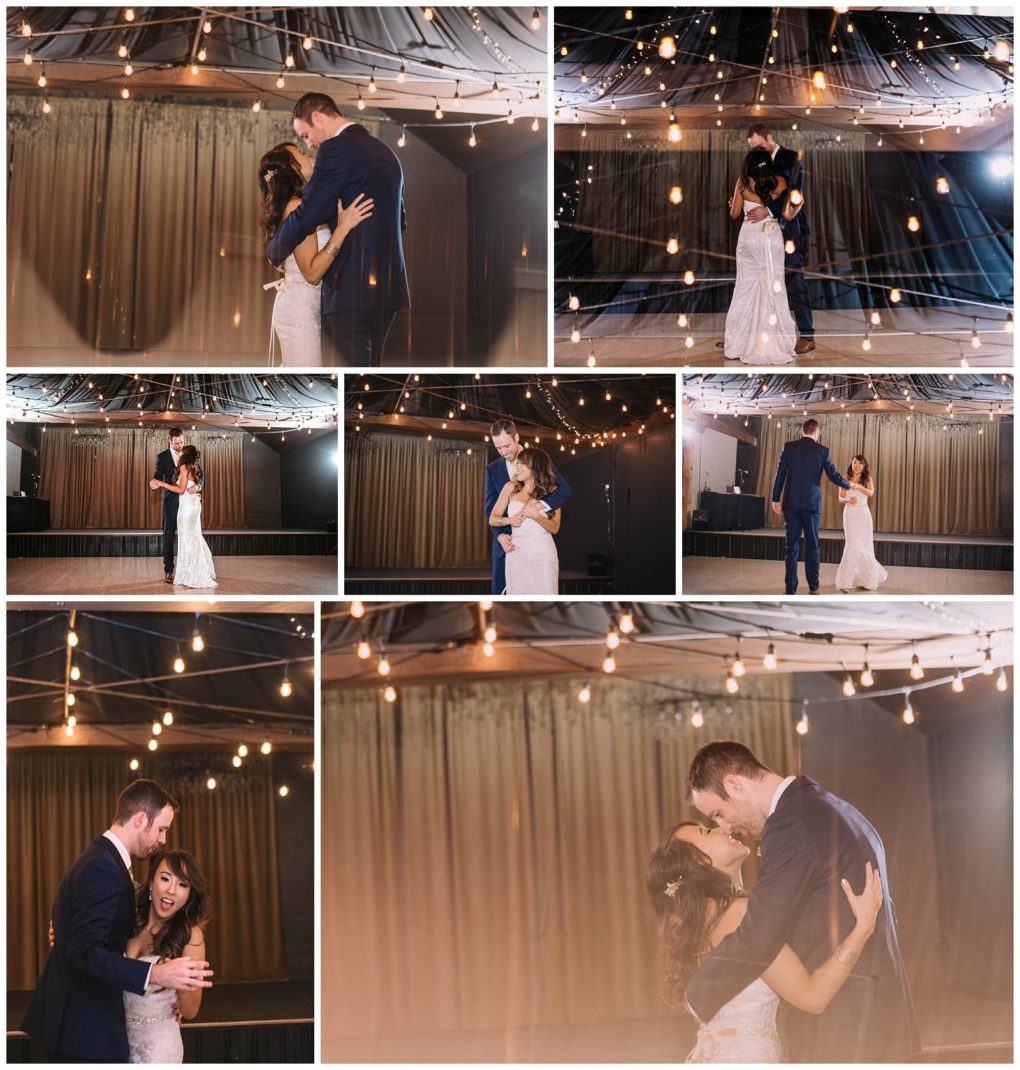 Premier snohomish & seattle wedding photographer | gsquared weddings photography a bride and groom share their first dance under string lights in a softly lit snohomish venue They smile laugh and embrace in various close up and wide angle shots on the dance floor at their seattle wedding | serving snohomish seattle                   & beyond