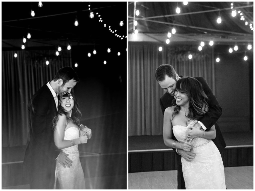 Premier snohomish & seattle wedding photographer | gsquared weddings photography two black and white photos capture a joyful snohomish wedding as the bride and groom dance under string lights The groom embraces the smiling bride from behind sharing an intimate moment on their special night | serving snohomish seattle                   & beyond