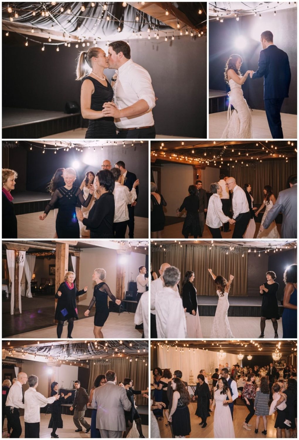 Premier snohomish & seattle wedding photographer | gsquared weddings photography a collage of snohomish wedding reception photos shows guests dancing under string lights including the bride and groom couples and groups enjoying the celebration on the dance floor The atmosphere is festive and joyful | serving snohomish seattle                   & beyond