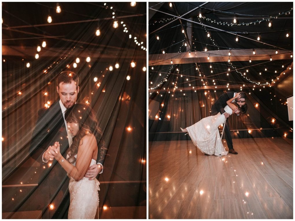 Premier snohomish & seattle wedding photographer | gsquared weddings photography two images side by side a snohomish bride and groom share a romantic dance under string lights one photo with a dreamy veil effect the other showing the groom dipping the bride on a softly lit seattle wedding dance floor | serving snohomish seattle                   & beyond