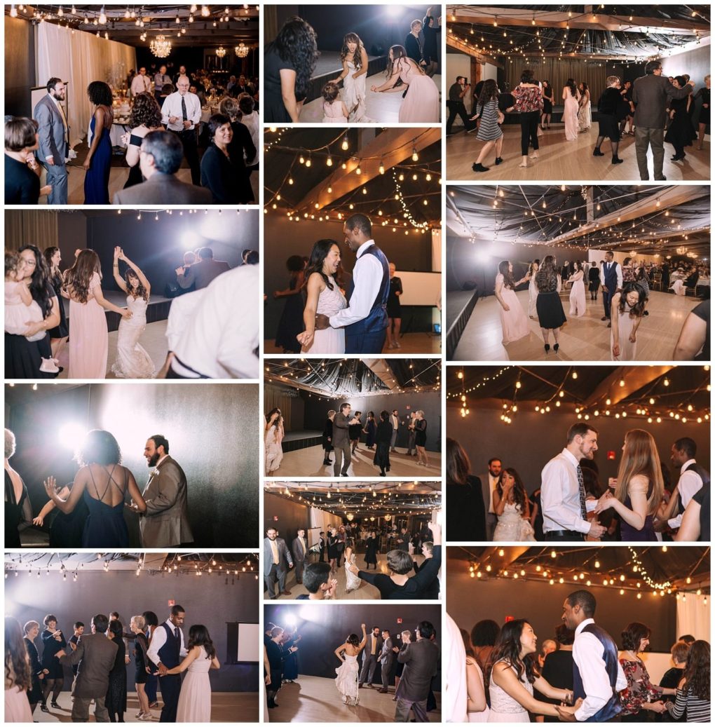 Premier snohomish & seattle wedding photographer | gsquared weddings photography a collage of snohomish wedding reception photos shows guests dancing talking and celebrating under string lights in a warmly lit venue Couples and friends smile and enjoy the lively joyful atmosphere on the dance floor | serving snohomish seattle                   & beyond