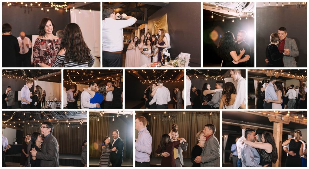 Premier snohomish & seattle wedding photographer | gsquared weddings photography a collage of candid snohomish wedding reception photos shows guests dancing mingling and chatting under string lights in a warmly lit indoor venue The atmosphere is festive and joyful | serving snohomish seattle                   & beyond