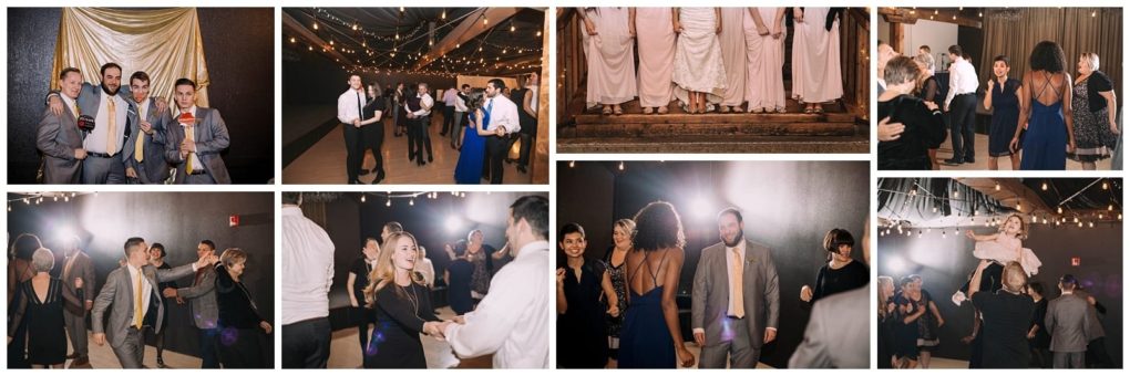 Premier snohomish & seattle wedding photographer | gsquared weddings photography a collage of snohomish seattle wedding reception scenes shows guests dancing posing and celebrating under string lights Women in dresses and men in suits appear joyful on the dance floor and in group photos | serving snohomish seattle                   & beyond
