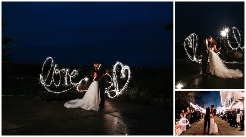 Premier snohomish & seattle wedding photographer | gsquared weddings photography a snohomish bride and groom kiss at night surrounded by sparkler trails spelling love  two smaller photos show them kissing with sparklers and walking among guests during their seattle wedding celebration | serving snohomish seattle                   & beyond