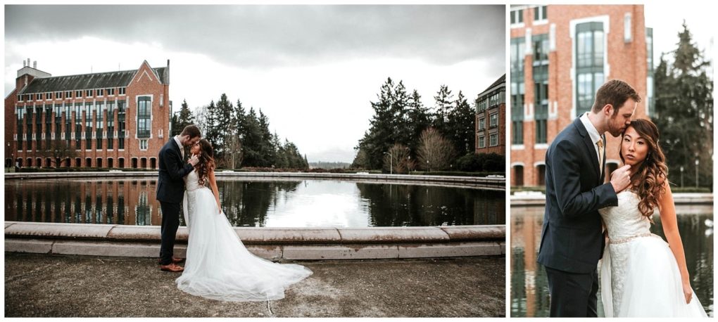 Premier snohomish & seattle wedding photographer | gsquared weddings photography a bride and groom share an intimate moment by a reflective pool in front of brick buildings and trees The overcast sky creates a soft romantic atmosphere for their snohomish wedding day | serving snohomish seattle                   & beyond
