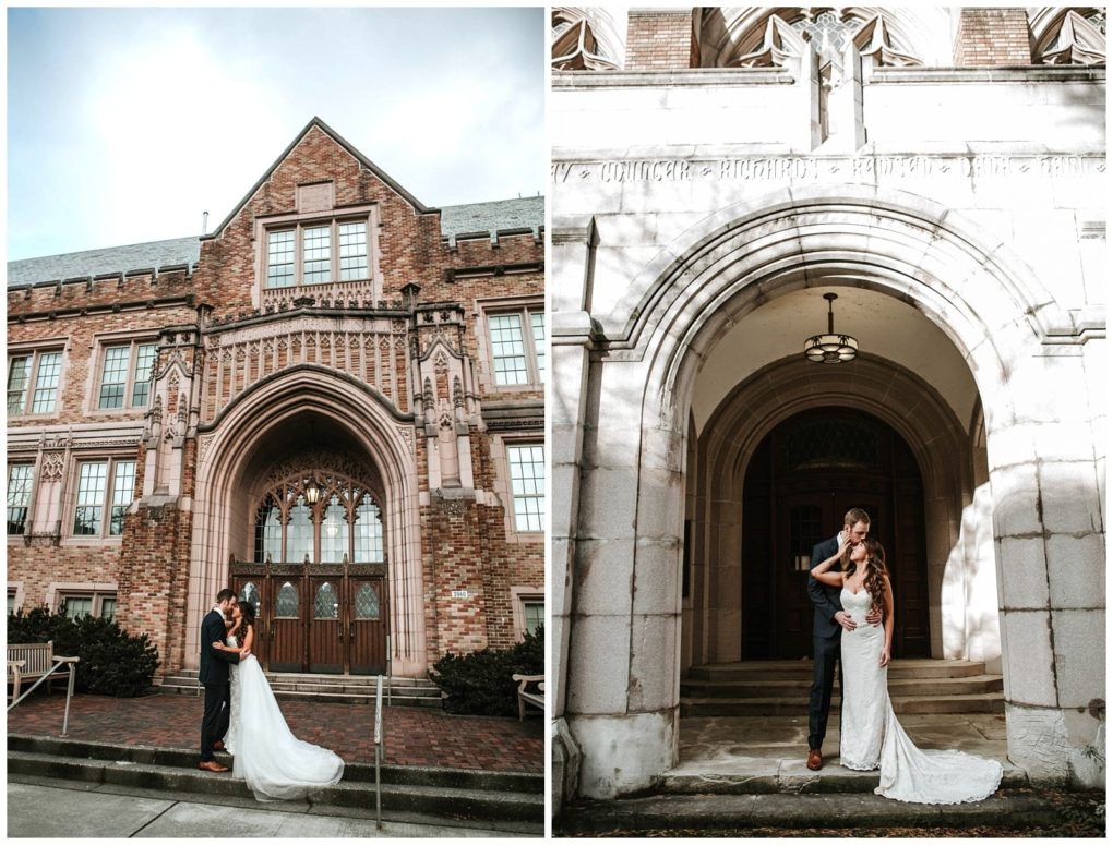 Premier snohomish & seattle wedding photographer | gsquared weddings photography two wedding photos on the left a bride and groom embrace outside a large ornate brick building On the right this snohomish couple stands under a stone archway during their romantic seattle wedding engagement session | serving snohomish seattle                   & beyond