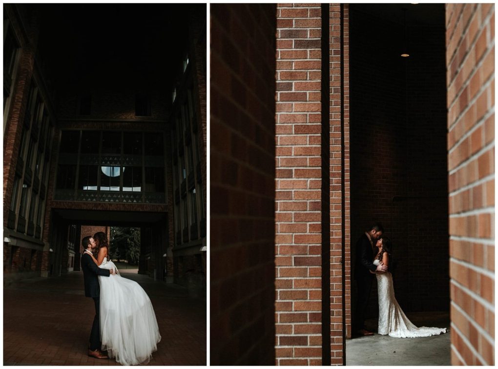 Premier snohomish & seattle wedding photographer | gsquared weddings photography two wedding photos on the left a groom carries his bride under a brick archway on the right the couple embraces closely in a dark narrow spacecapturing intimate moments from their snohomish seattle wedding | serving snohomish seattle                   & beyond
