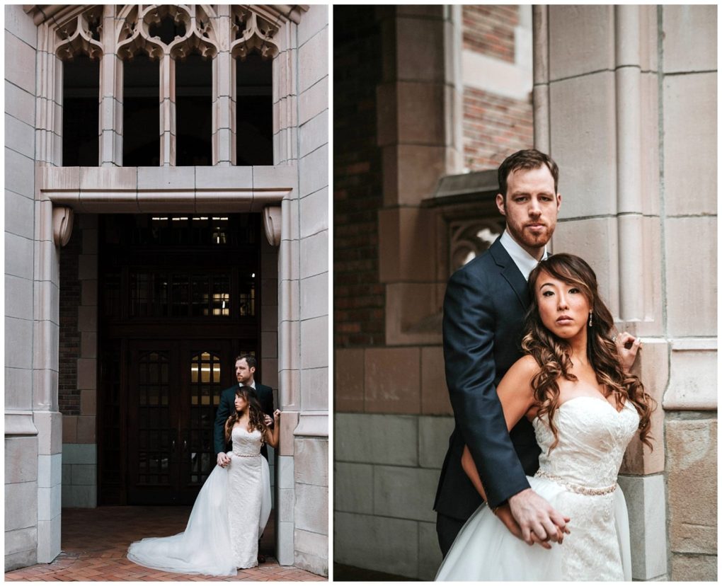 Premier snohomish & seattle wedding photographer | gsquared weddings photography a bride in a white gown and a groom in a dark suit pose outside a grand ornate stone building Capturing this snohomish seattle wedding engagement they hold hands and gaze thoughtfully into the distance | serving snohomish seattle                   & beyond