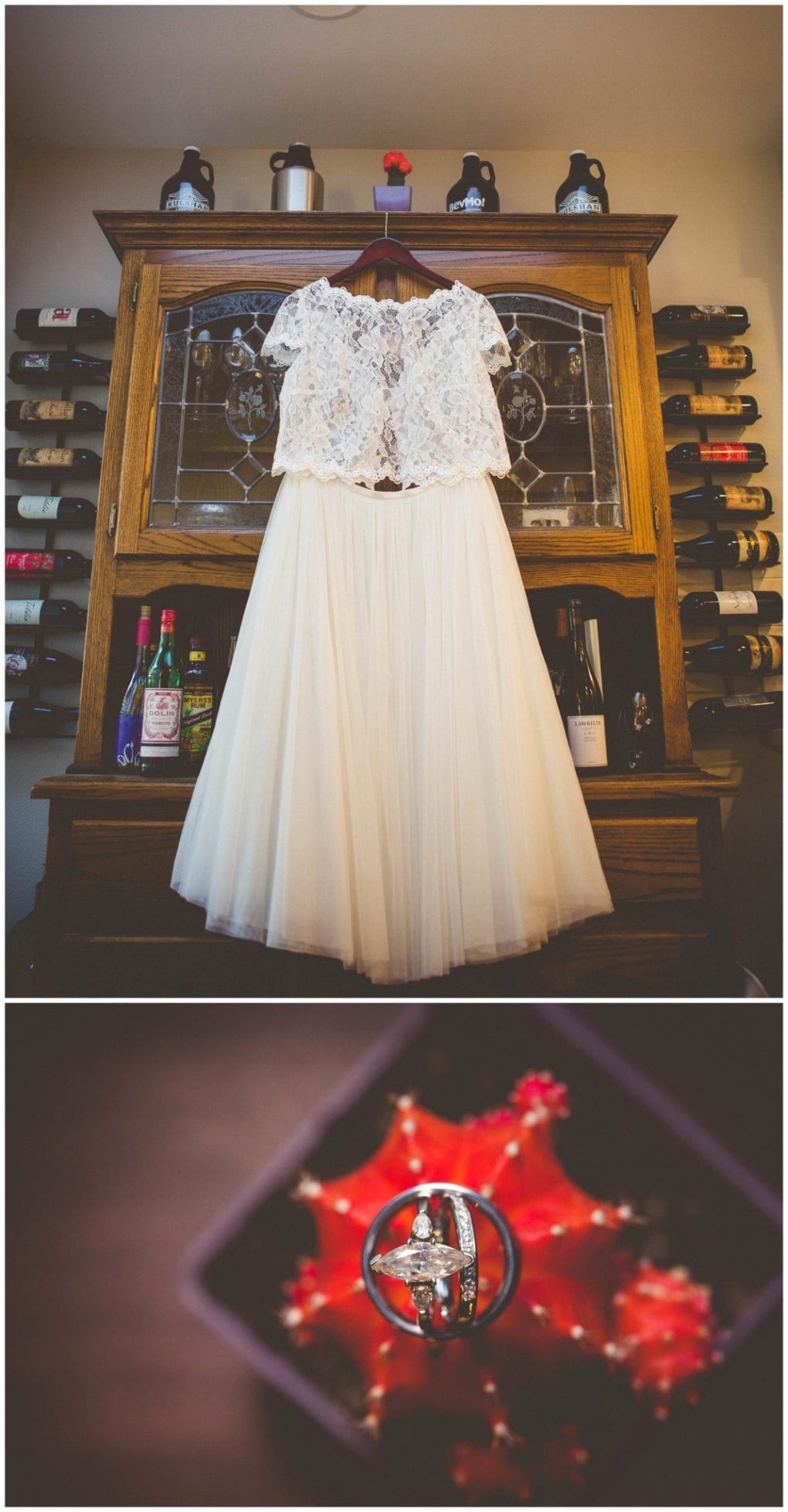 Premier snohomish & seattle wedding photographer | gsquared weddings photography top a lace wedding dress hangs on a wooden cabinet with wine bottles in the background ready for a snohomish seattle wedding Bottom close up of a diamond engagement ring resting on a red succulent plant | serving snohomish seattle                   & beyond