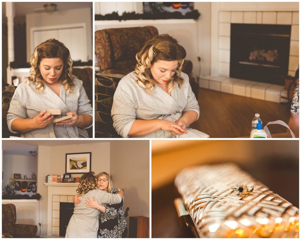 Premier snohomish & seattle wedding photographer | gsquared weddings photography a collage of four images shows a woman with wavy blonde hair in a gray robe opening a gift hugging an older woman and a close up of a woven metallic clutch with an engagement ringcaptured in a cozy warmly lit snohomish living room | serving snohomish seattle                   & beyond
