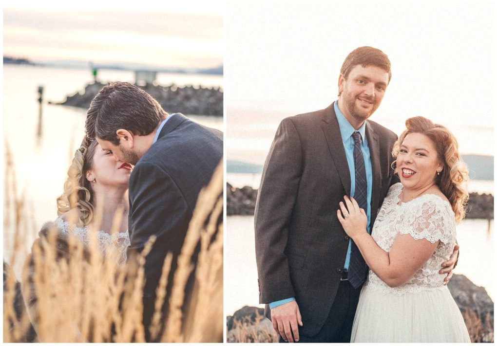 Premier snohomish & seattle wedding photographer | gsquared weddings photography a couple stands by the water at sunset during their snohomish engagement In one photo they embrace and share a kiss amid tall grasses in the other they smile at the camera with rocks and water behind them near seattle | serving snohomish seattle                   & beyond