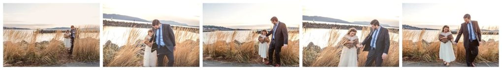 Premier snohomish & seattle wedding photographer | gsquared weddings photography a sequence of five photos shows a couple by a lake at sunset near tall grass and rocks during their snohomish engagement The man wears a suit the woman in a white dress holds a small baby with mountains visible in the background | serving snohomish seattle                   & beyond