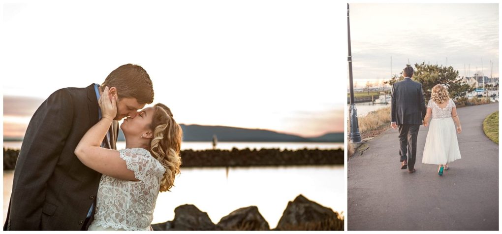 Premier snohomish & seattle wedding photographer | gsquared weddings photography a couple in wedding attire shares a kiss by the water at sunset on the left on the right they walk hand in hand down a path with boats and water in the background capturing a romantic snohomish seattle wedding engagement | serving snohomish seattle                   & beyond