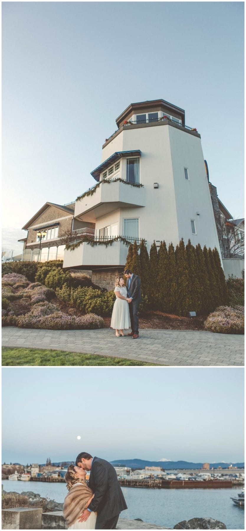 Premier snohomish & seattle wedding photographer | gsquared weddings photography top a couple stands together outside a modern multi story white building with large windows and balconies Bottom the couple kisses by the water with a cityscape and mountains in the backgroundperfect for a snohomish seattle wedding engagement | serving snohomish seattle                   & beyond