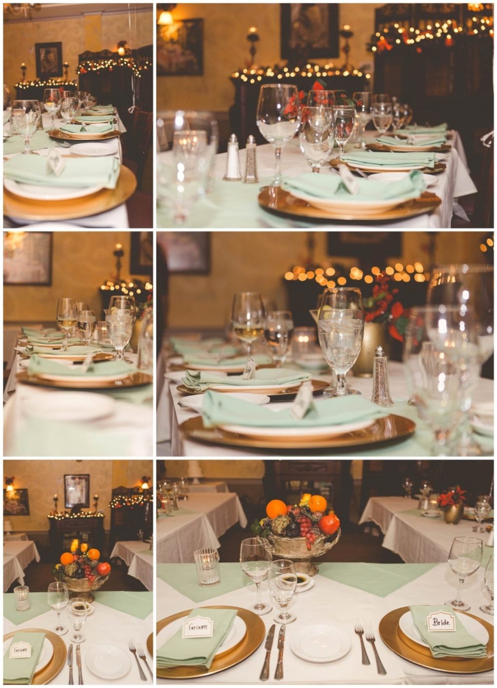Premier snohomish & seattle wedding photographer | gsquared weddings photography a collage of elegant dining tables set for a snohomish seattle wedding event featuring mint green napkins gold chargers glassware personalized bride and groom place cards fruit centerpieces and warm lighting | serving snohomish seattle                   & beyond