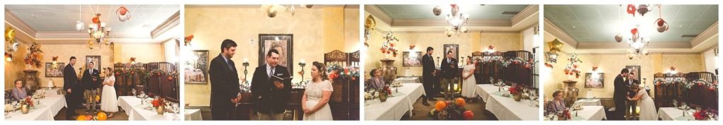 Premier snohomish & seattle wedding photographer | gsquared weddings photography four panel image of a small indoor snohomish wedding ceremony a couple stands before an officiant in a warmly lit room with hanging paper lanterns and autumn florals Guests are seated at long tables celebrating their seattle engagement | serving snohomish seattle                   & beyond