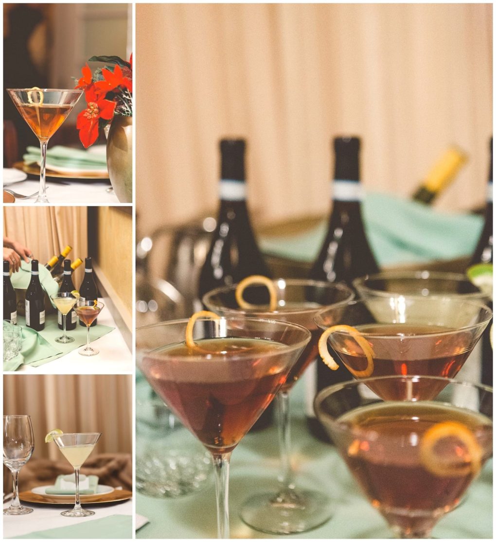 Premier snohomish & seattle wedding photographer | gsquared weddings photography a collage shows martini glasses with garnishes wine bottles and a table set with plates glasses and a vase of red flowersperfectly arranged for a festive snohomish seattle wedding or engagement celebration | serving snohomish seattle                   & beyond