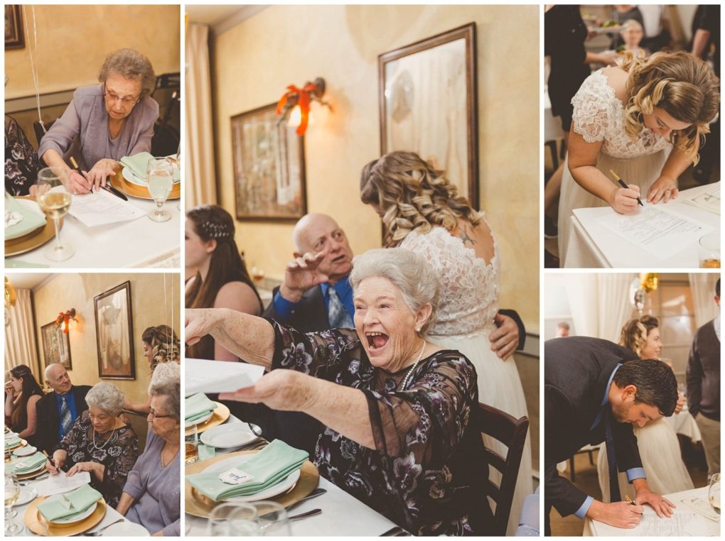 Premier snohomish & seattle wedding photographer | gsquared weddings photography a collage of people at a snohomish seattle wedding including a bride and guests signing documents and celebrating at a dining table set with green napkins plates and wine glasses One older woman smiles and raises a signed paper joyfully | serving snohomish seattle                   & beyond