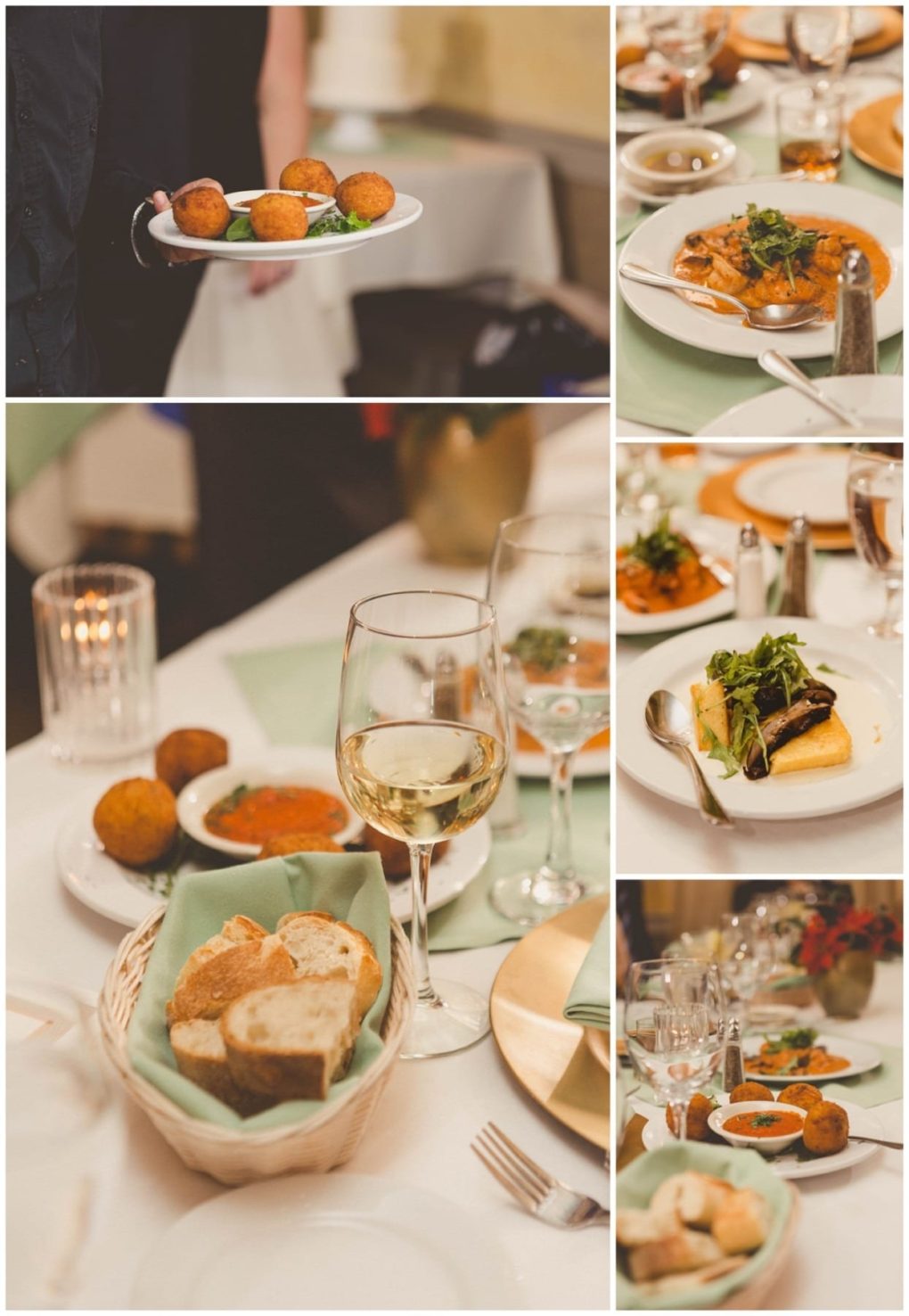 Premier snohomish & seattle wedding photographer | gsquared weddings photography collage of elegant dinner dishes including bread in a basket wine arancini balls plated pasta vegetables and sauces on a table set for a fine dining experienceperfect inspiration for your snohomish or seattle wedding or engagement celebration | serving snohomish seattle                   & beyond
