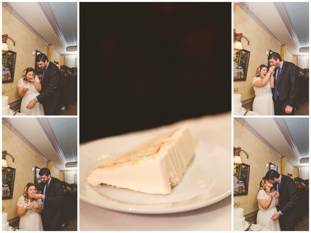 Premier snohomish & seattle wedding photographer | gsquared weddings photography a collage of four photos from a snohomish wedding shows a bride and groom playfully feeding each other cake laughing together and a close up of a slice of white frosted cake on a plate | serving snohomish seattle                   & beyond